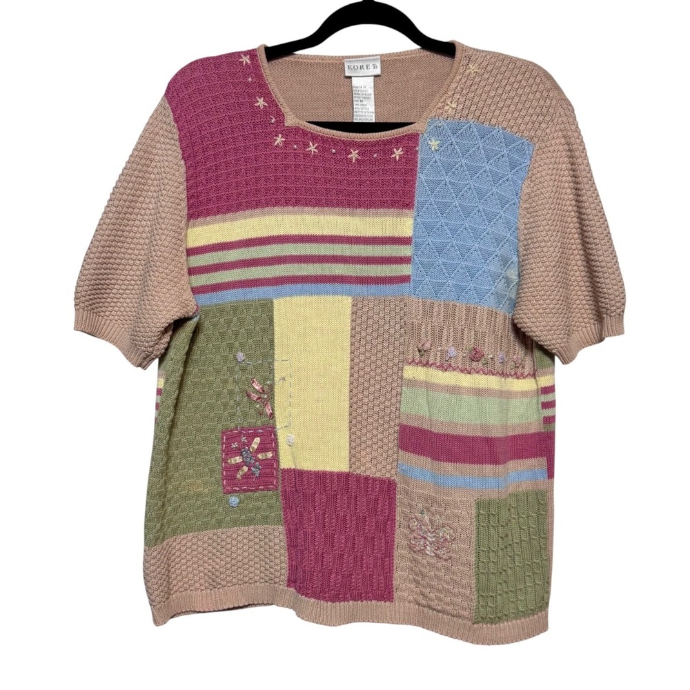 Koret Patchwork Knit Sweater Womens Medium Cottage Grandmacore Embroidered Top